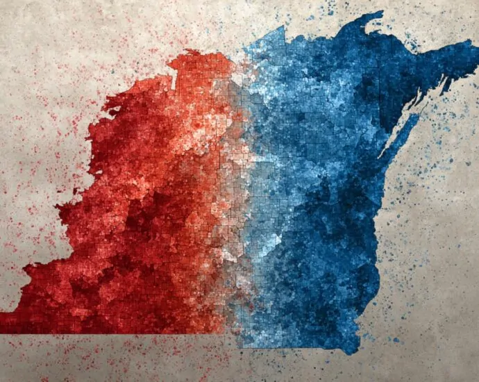 Indiana map illustrated with red and blue political colors