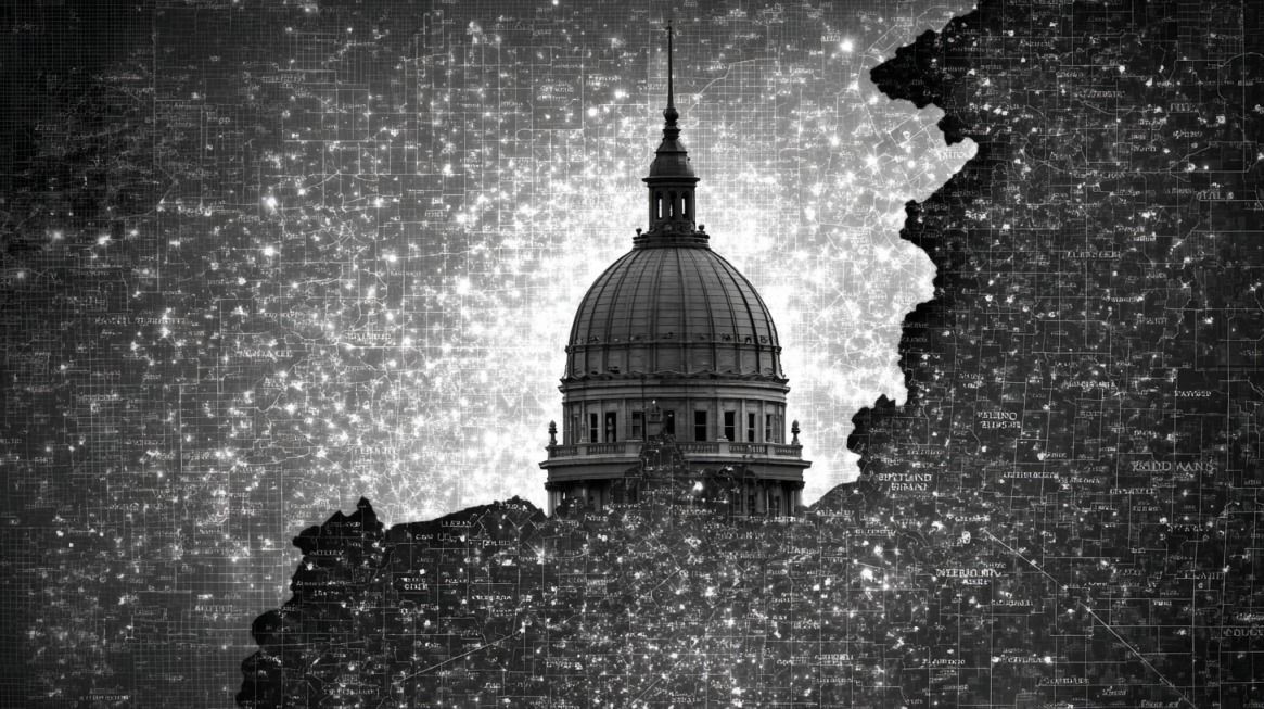 Indiana Statehouse dome emerging from a stylized map background