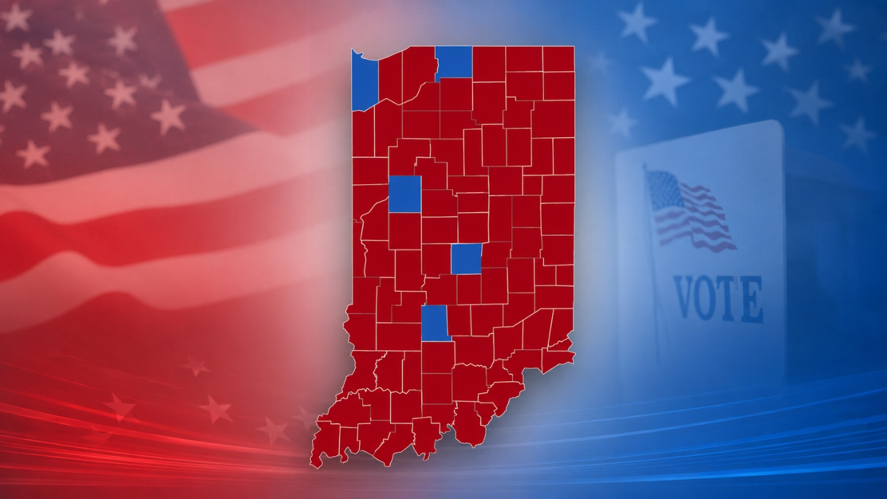 Indiana election map shown over a red and blue voting-themed background