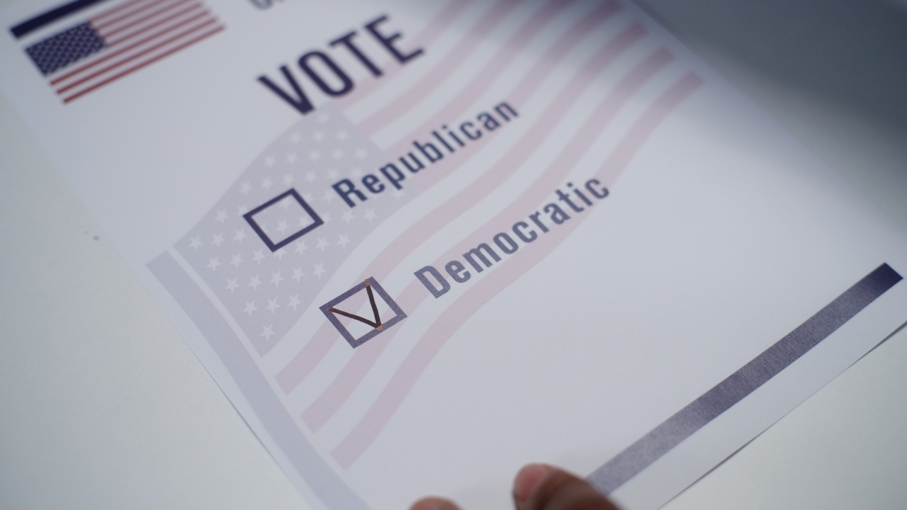A ballot shows a vote marked for the Democratic candidate