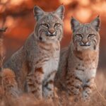 Two bobcats standing in a wooded area during autumn