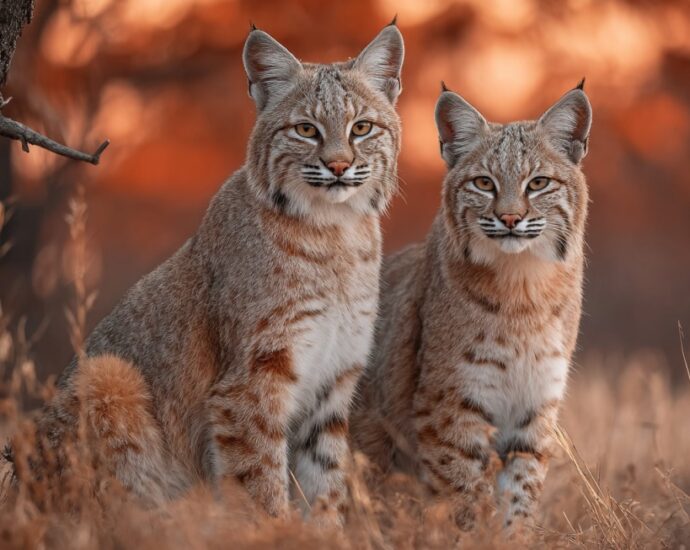 Two bobcats standing in a wooded area during autumn