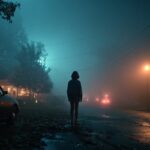 Person standing alone on a foggy suburban street at night with glowing streetlights