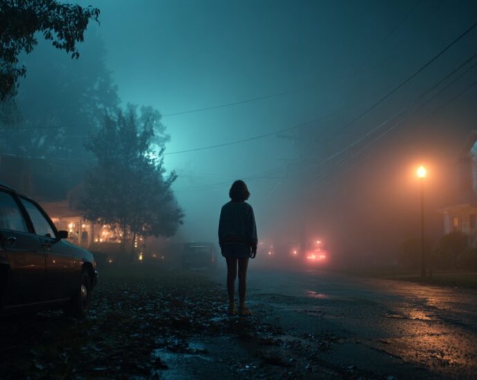 Person standing alone on a foggy suburban street at night with glowing streetlights