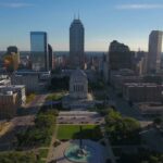 Downtown Indianapolis skyline with monument and surrounding high rise buildings