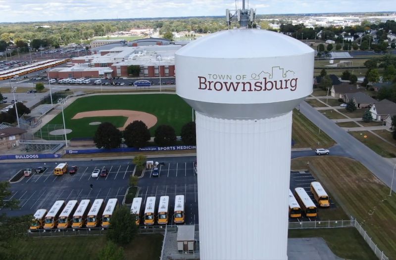 Brownsburg water tower overlooking a high school campus and baseball field