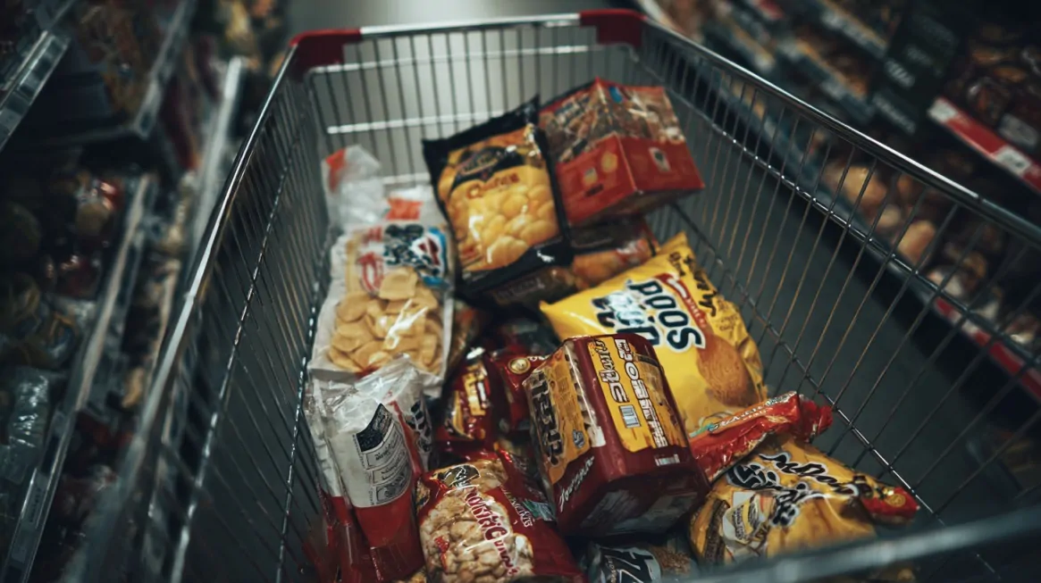 Shopping cart filled with packaged groceries in a supermarket aisle