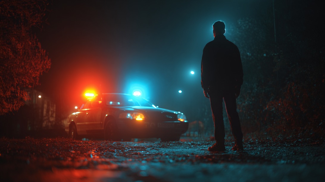 Silhouette of a man standing on a dark street facing a police car with flashing red and blue lights