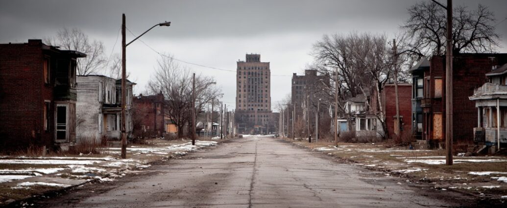 Empty residential street in Gary Indiana with older houses and a tall building in the distance