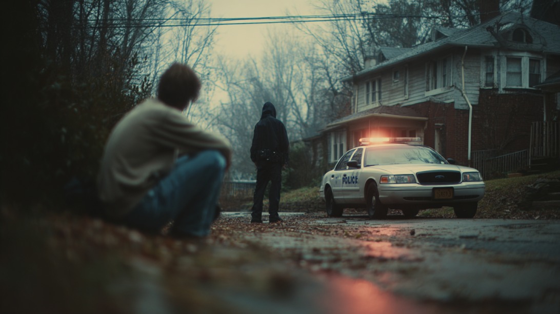 Police car with flashing lights parked on a residential street while two figures stand nearby