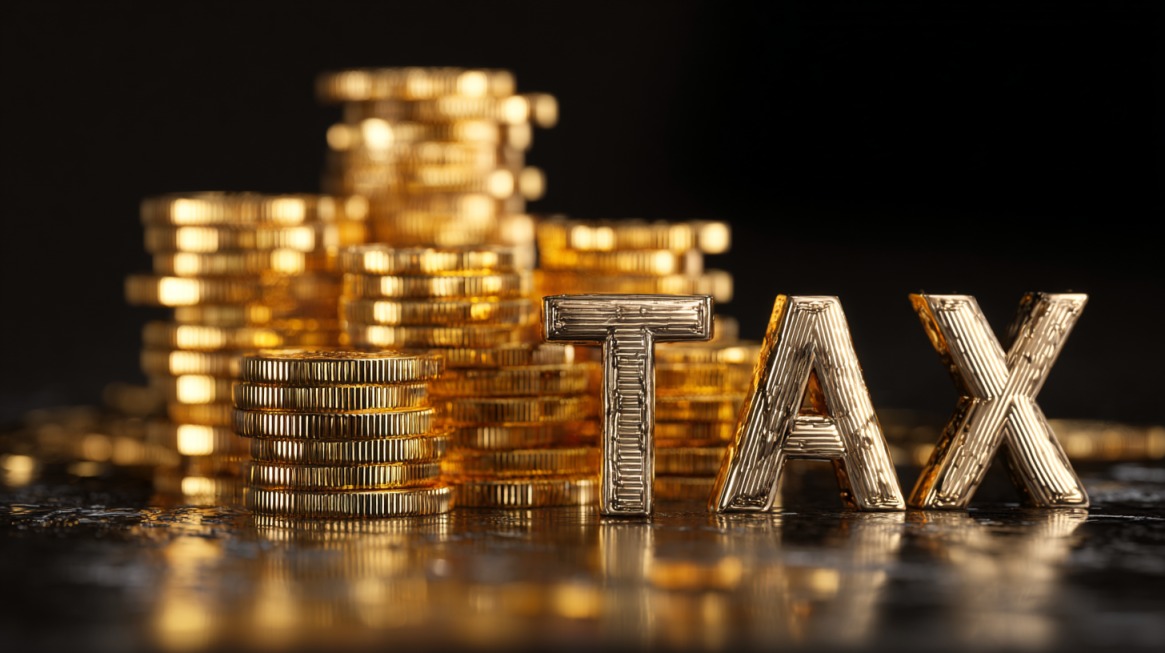 Stacks of gold coins with the word “TAX” in metallic letters in the foreground.