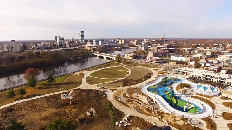 Aerial view of Howard Park and the riverfront area in South Bend Indiana