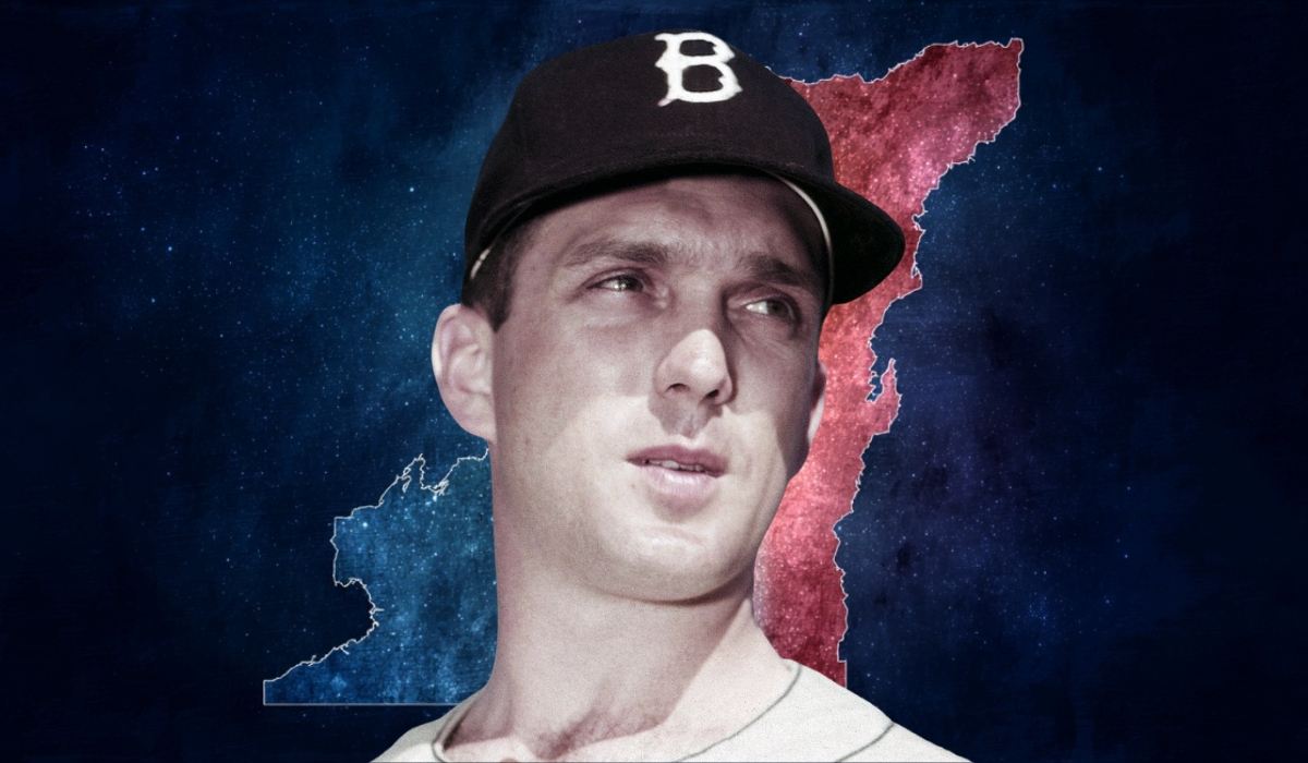 Vintage baseball player wearing a cap with a stylized background