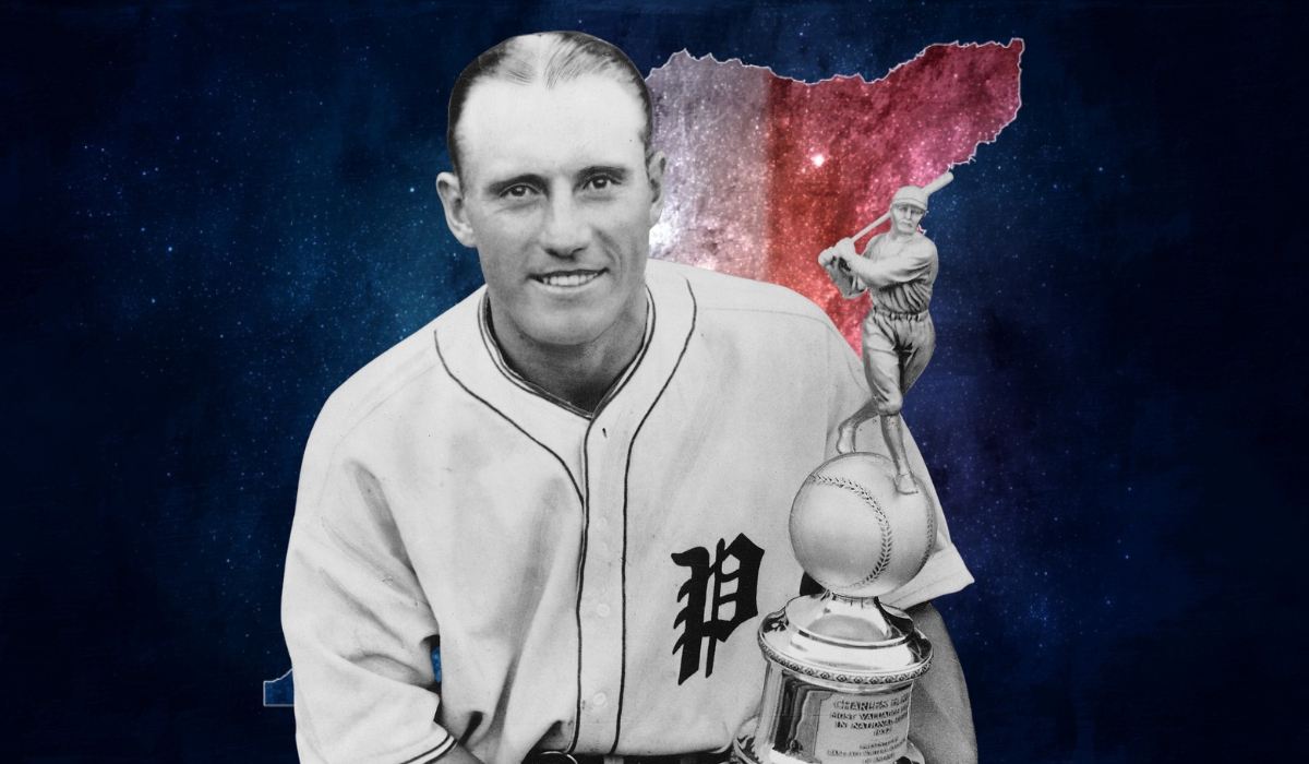Vintage baseball player holding a trophy with a stylized background