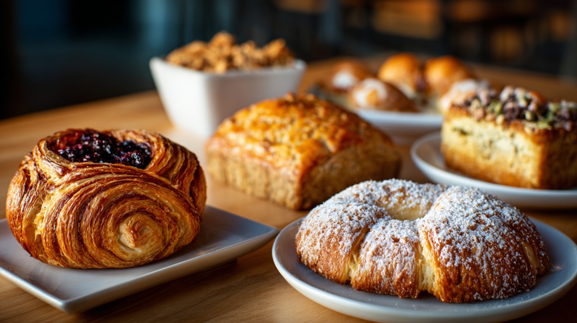 Assortment of pastries including croissants muffins and sweet bread on a table