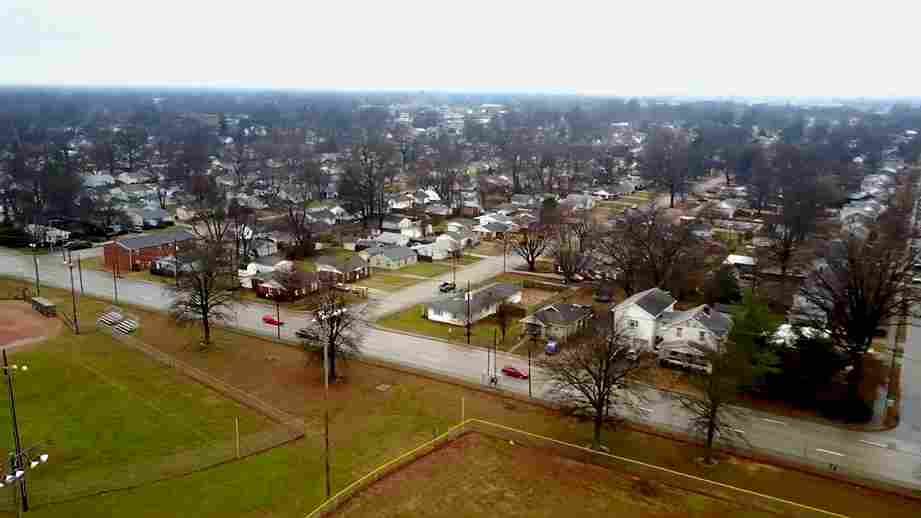 Overhead view of houses, streets, and trees in a suburban Indiana community
