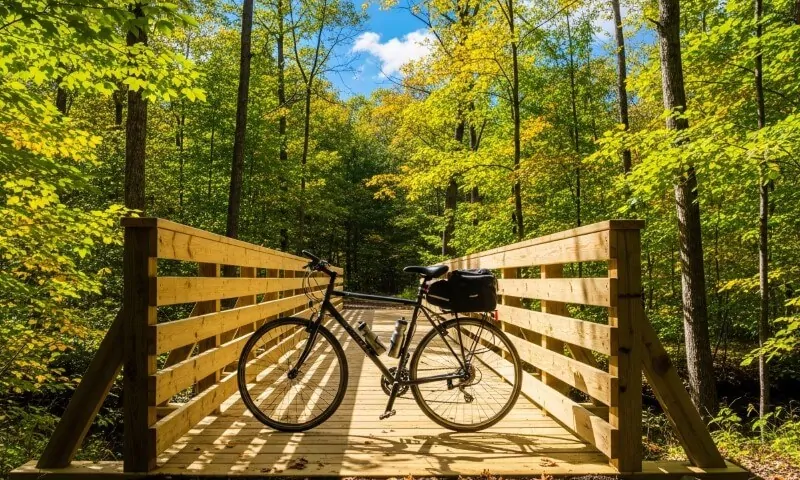 A bicycle rests on a wooden bridge surrounded by a lush forest with vibrant green and yellow leaves under a bright blue sky