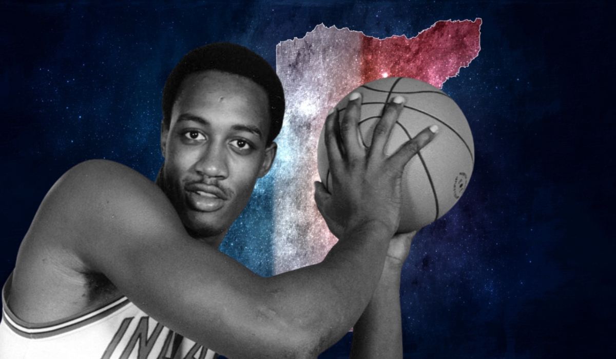 Basketball player holding a ball in a classic pose with a stylized background