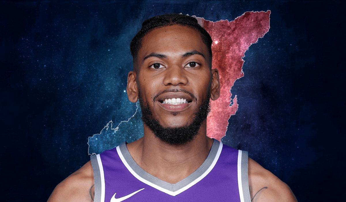 Basketball player in a purple jersey with a stylized background