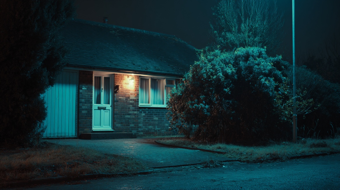 Small house at night illuminated by a porch light with bushes and a streetlight nearby