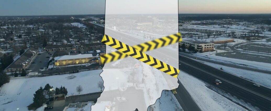 Map outline of Indiana over a cityscape with caution tape symbolizing crime awareness