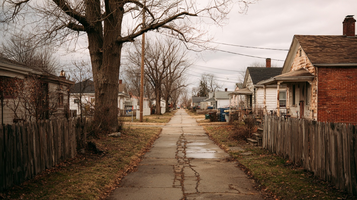 Residential street with older homes, fences, and bare trees on an overcast day