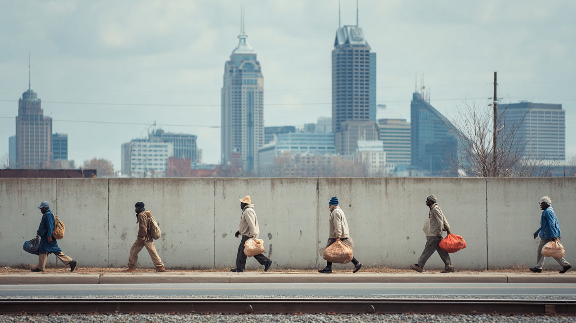 People walking along a street with the Indianapolis skyline visible in the background