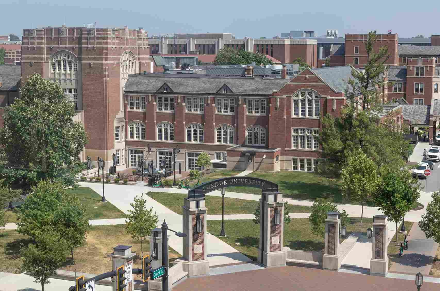 Campus buildings and entrance arch at Purdue University in West Lafayette