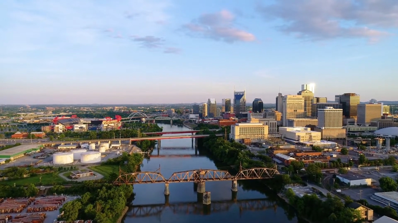Nashville skyline over the river at sunset