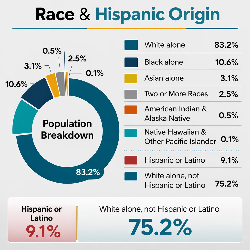 Infographic showing population breakdown by race and Hispanic origin with percentage values