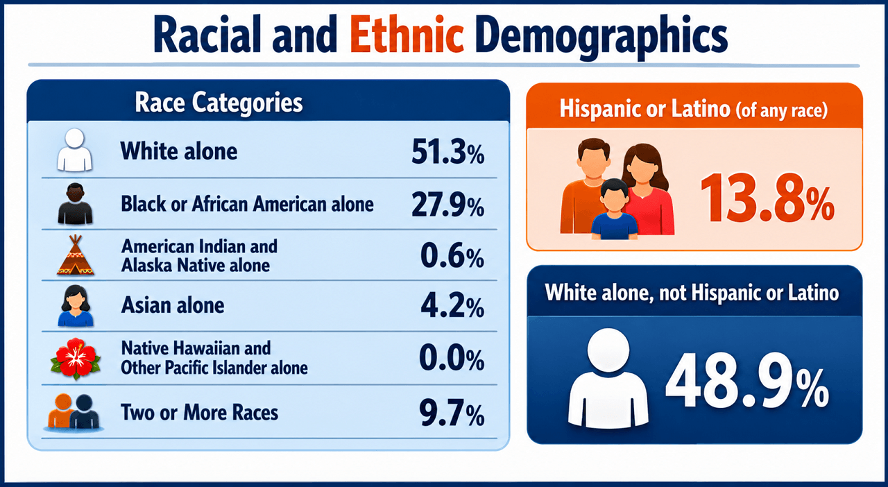 Infographic showing racial and ethnic population demographics, including percentage breakdowns for White alone, Black or African American, Asian, Hispanic or Latino, and other categories