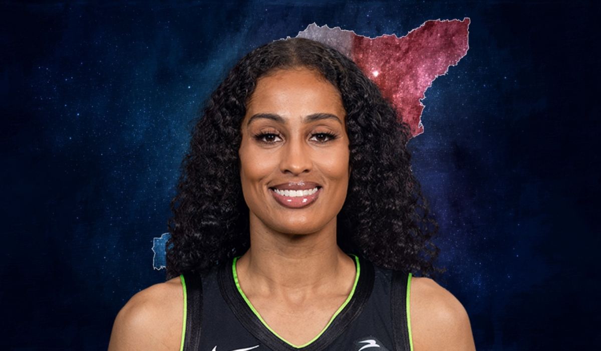 Female basketball player in a jersey with a stylized background