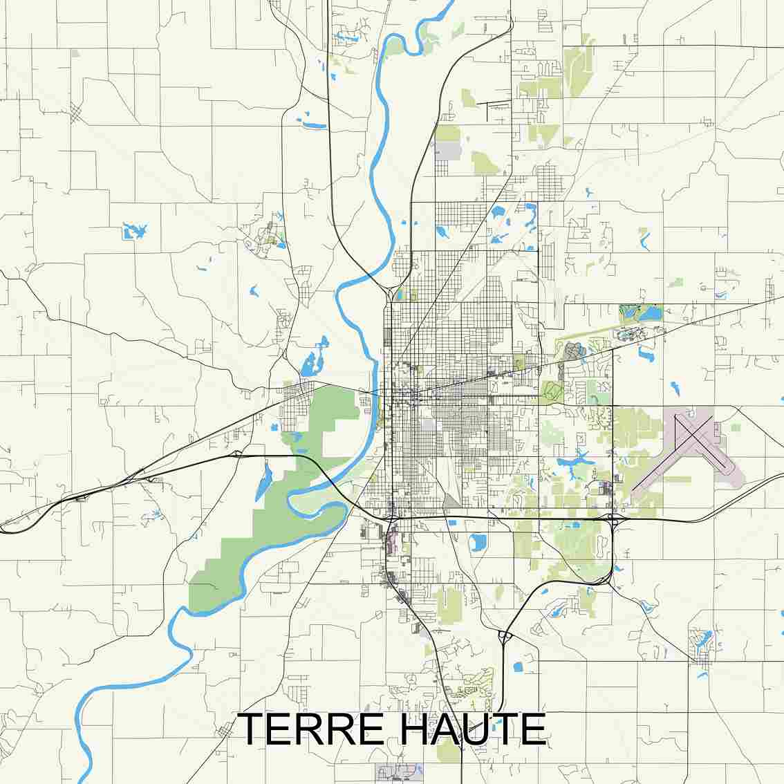 City map showing streets, river, and layout of Terre Haute, Indiana