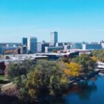 Aerial view of downtown South Bend and the St. Joseph River