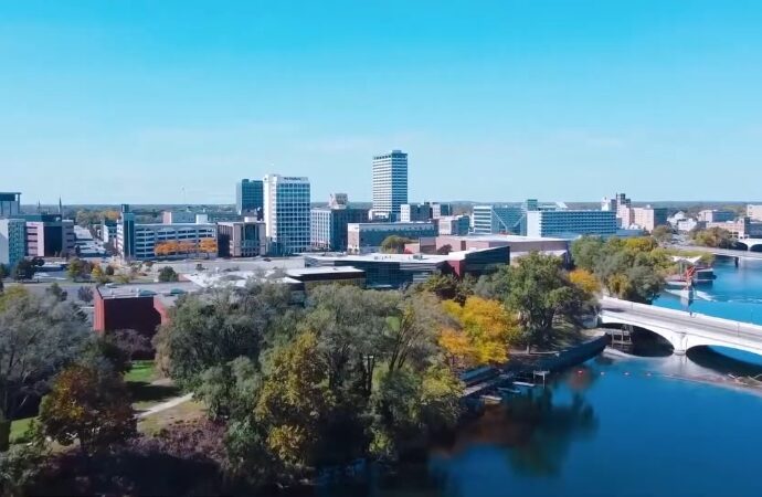 Aerial view of downtown South Bend and the St. Joseph River