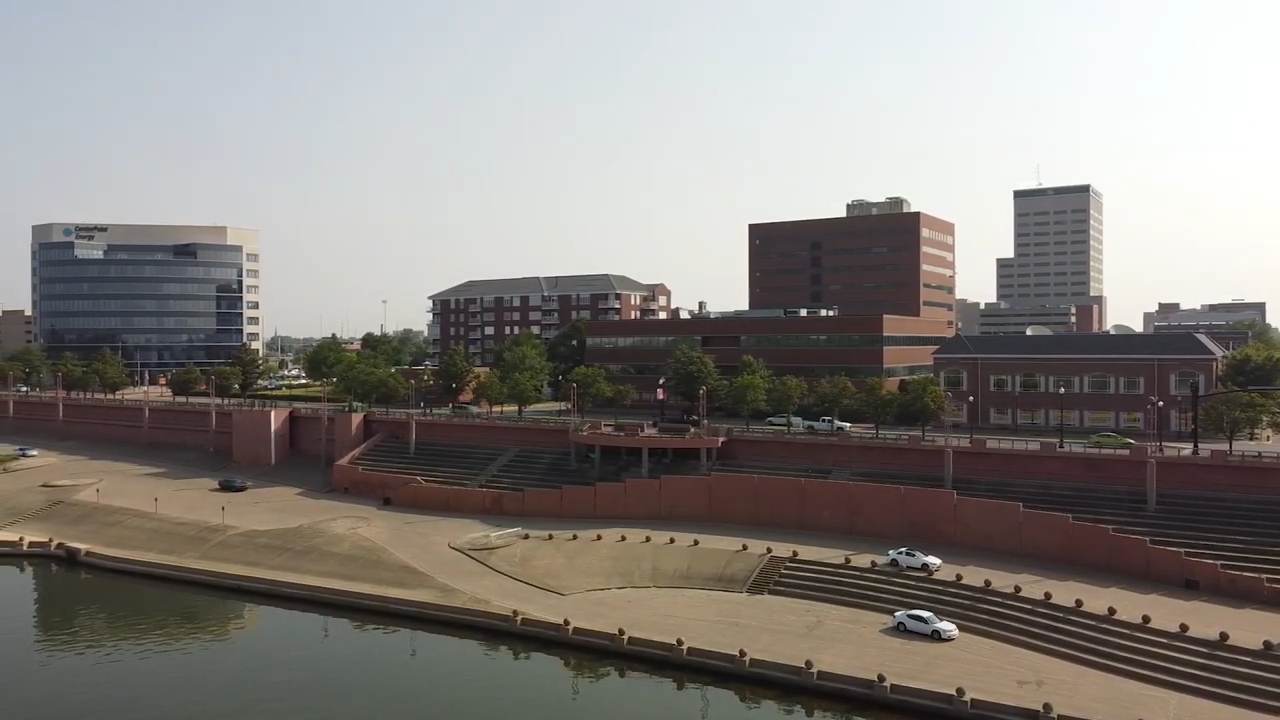 Evansville riverfront with buildings steps and waterfront walkway