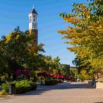 Tree lined campus path with clock tower and colorful foliage at Purdue University