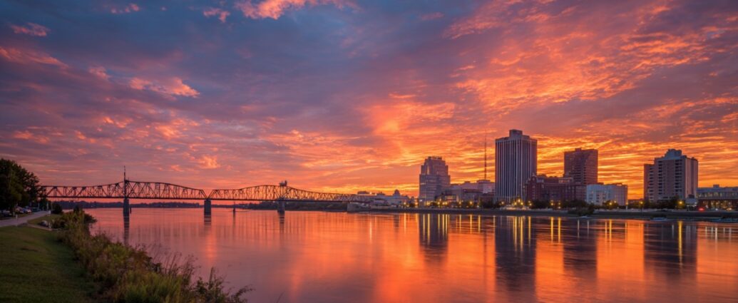City skyline and bridge reflected on a river during a colorful sunset