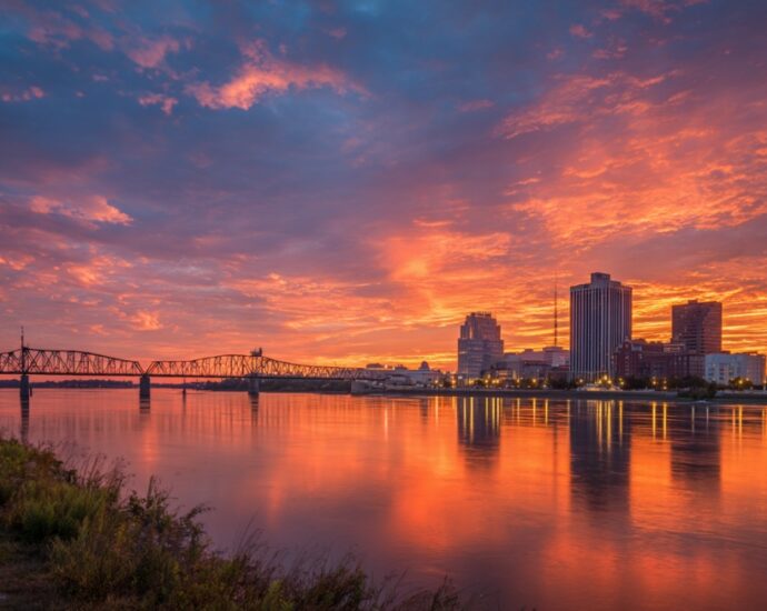 City skyline and bridge reflected on a river during a colorful sunset