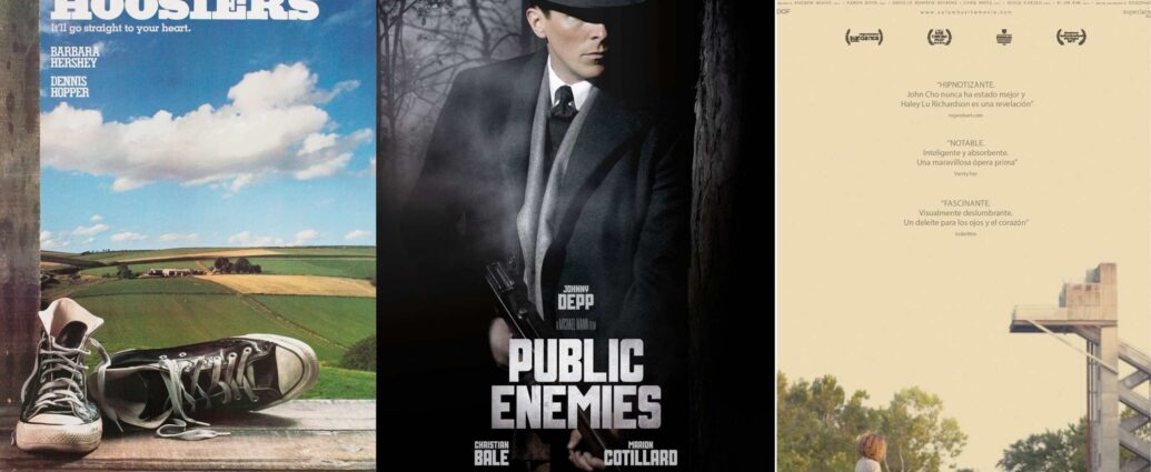 Three movie posters including Hoosiers, Public Enemies, and Columbus displayed side by side