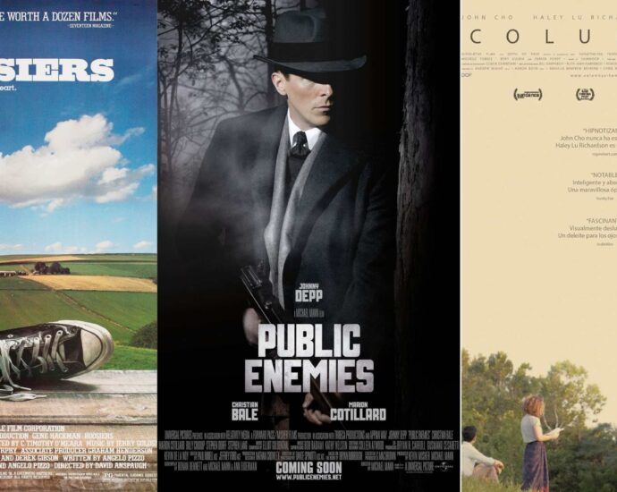 Three movie posters including Hoosiers, Public Enemies, and Columbus displayed side by side