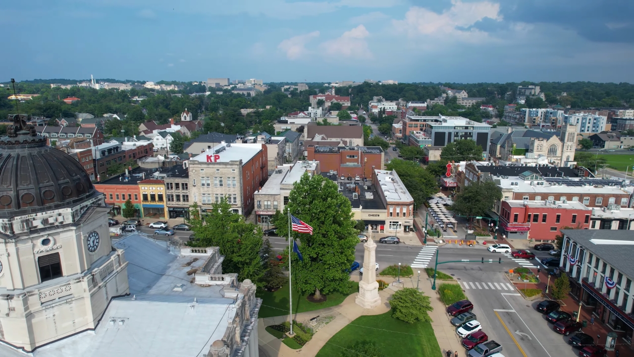 Downtown Bloomington is seen near the courthouse and Indiana University campus