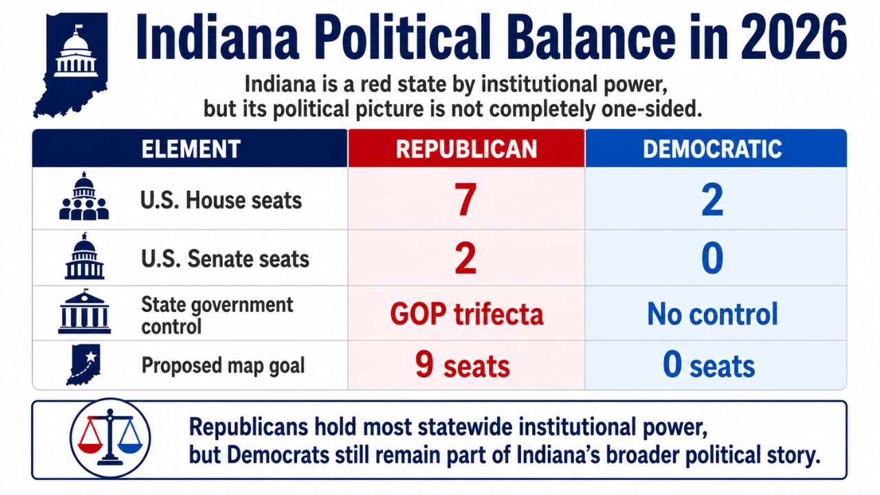 Indiana political balance infographic showing Republican institutional control and remaining Democratic representation