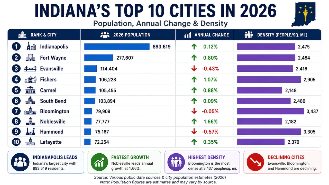 An infographic compares Indiana’s top 10 cities in 2026 by population, annual change, and density