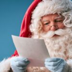 Santa Claus reading a handwritten letter while wearing his classic red suit and white gloves