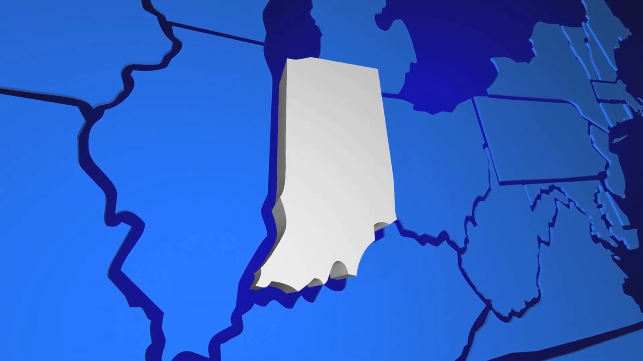 White Indiana map on a blue regional map
