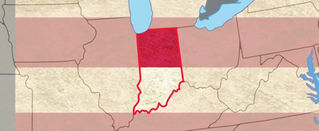 Map of Indiana highlighted in red across two U.S. time zones
