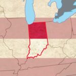 Map of Indiana highlighted in red across two U.S. time zones