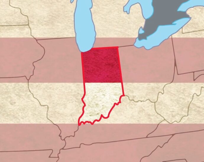 Map of Indiana highlighted in red across two U.S. time zones