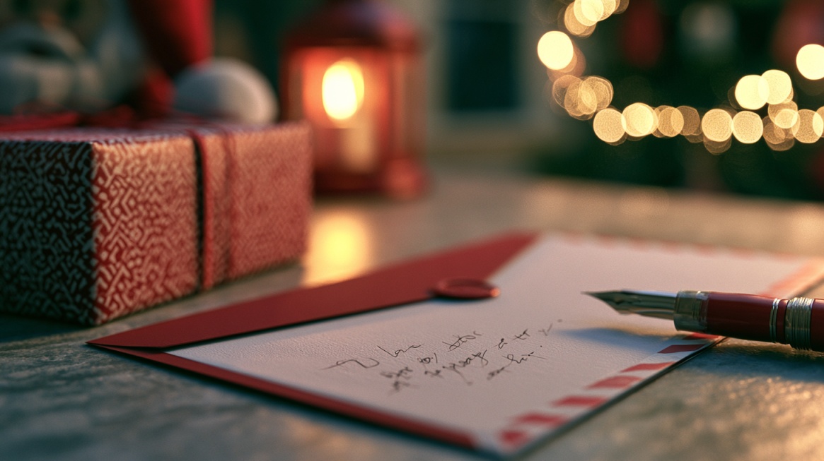 Handwritten letter to Santa with a fountain pen beside wrapped gifts and festive holiday lights